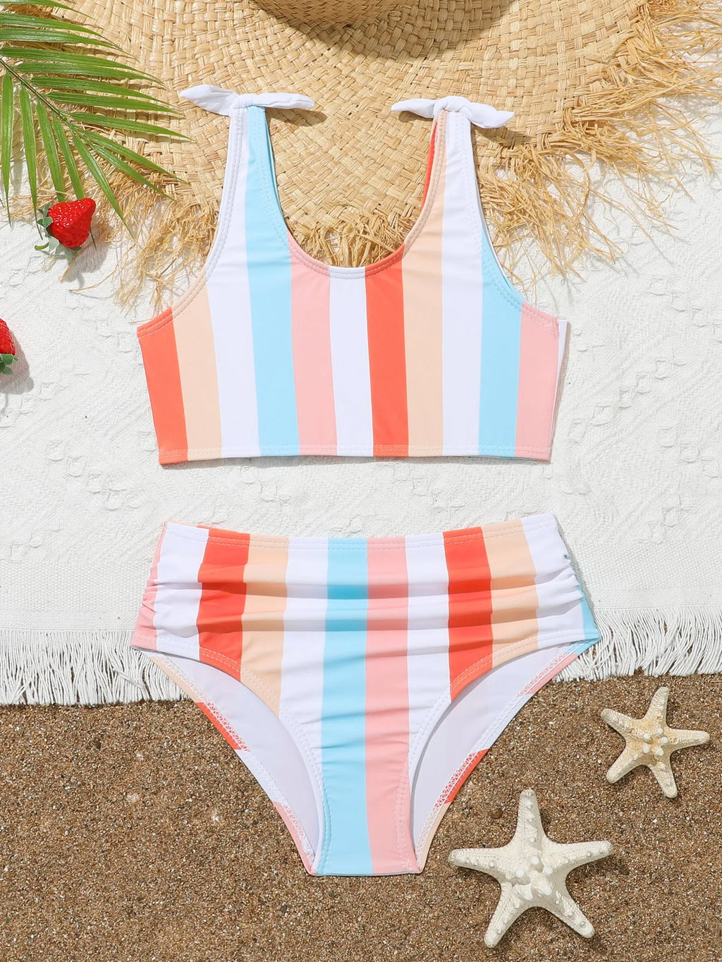 Girls' plaid print two-piece swimsuit set with bra and briefs for swimming.