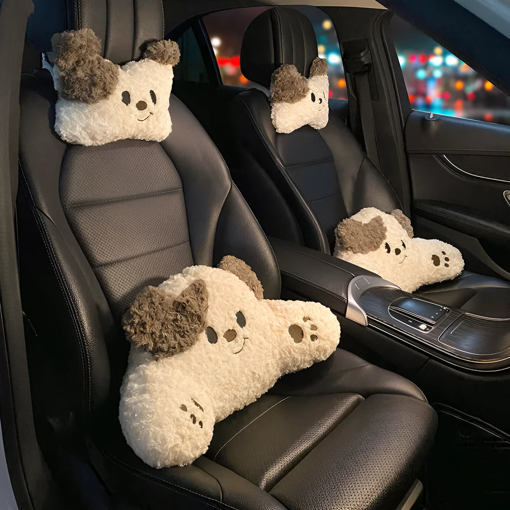 Car seat headrest and lumbar support pillow set in cartoon style with plush fabric