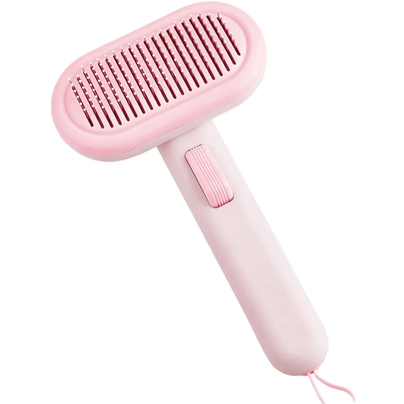 Large pet grooming comb in light grey with stainless steel blades and a one-click cleaning button