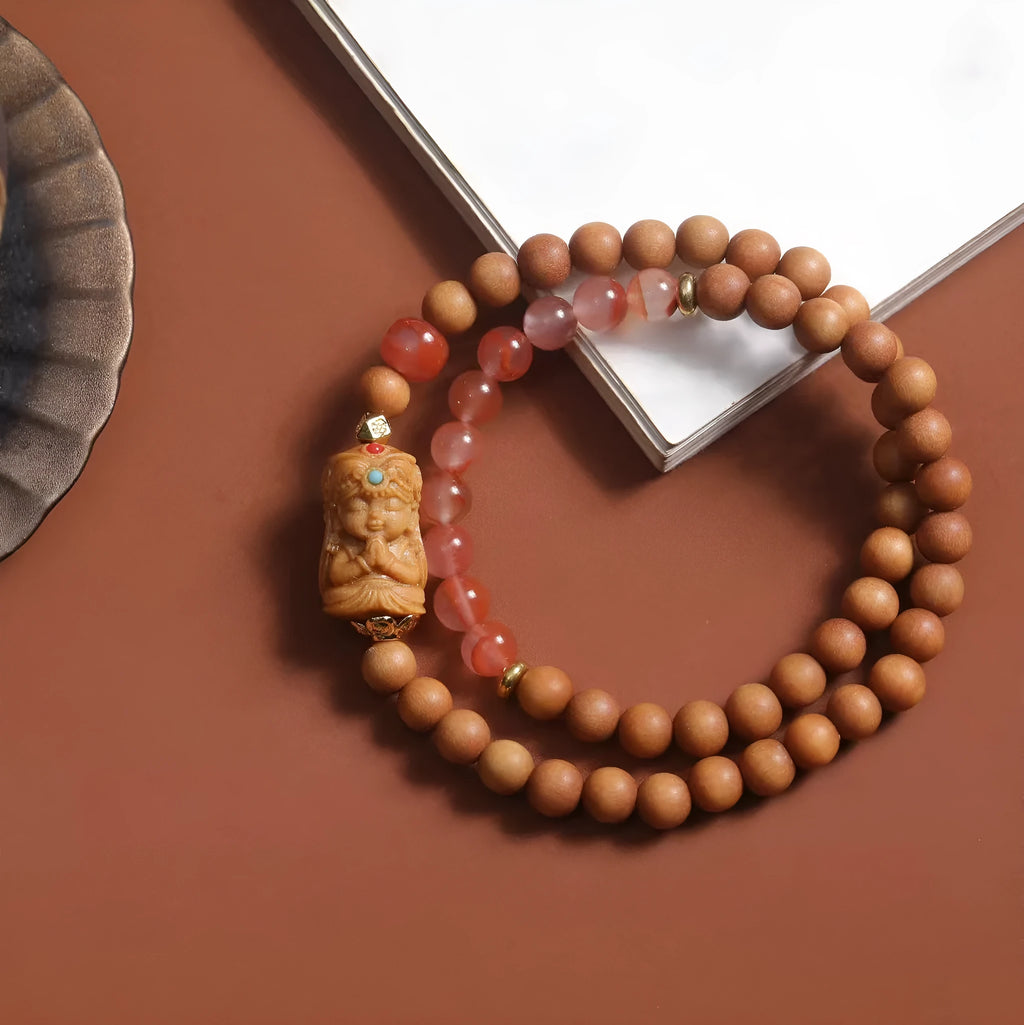 Brown wooden bracelet with South Red Zachilam double circle design showing 6mm round beads