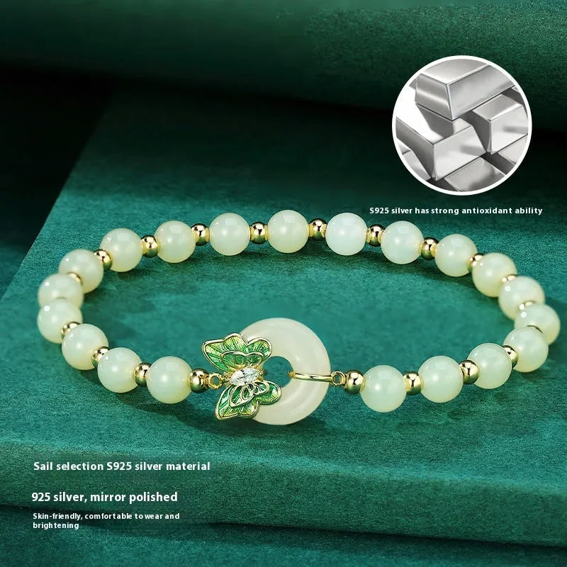 Hetian jade bracelet for women with butterfly design and sterling silver inlaid gemstones