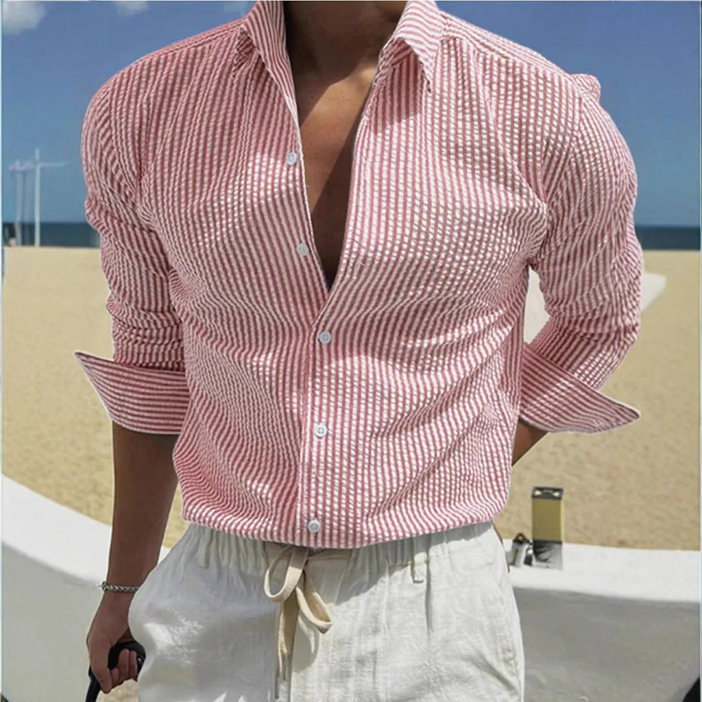 Striped long sleeve shirt with cardigan lapel collar in various colour options