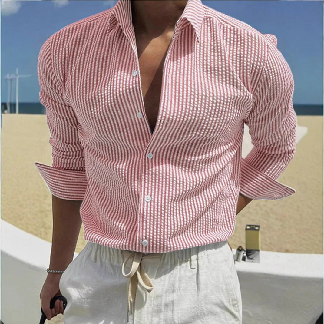 Striped long sleeve shirt with cardigan lapel collar in various colour options