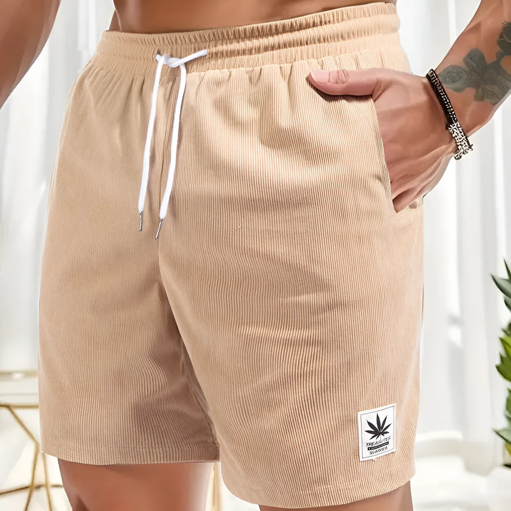 Man's pair of grey straight-leg summer shorts with a drawstring elastic waistband.