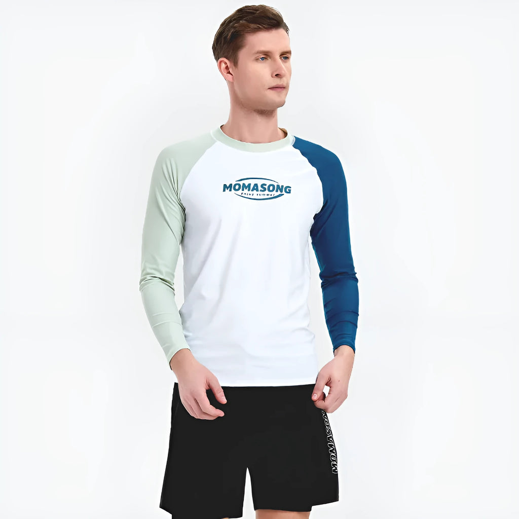 Men's white long sleeve swim top and matching trunks set for beach and surfing.