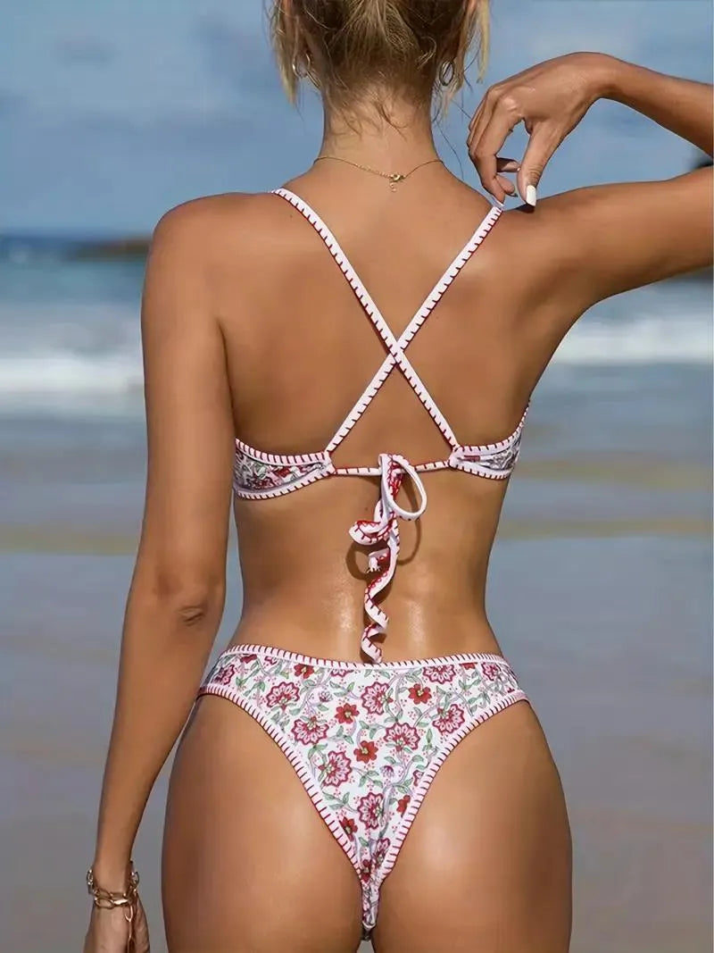 Women's V-neck one-piece swimsuit with European floral pattern and embroidery on quick-dry polyester fabric