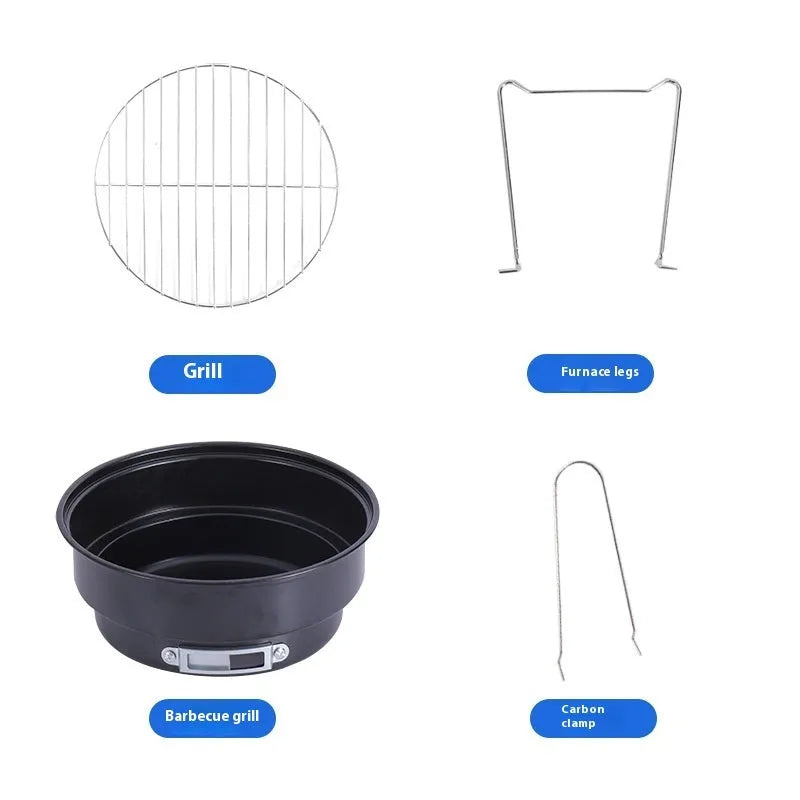 Small folding round metal ice stove with grill mesh and legs set up for outdoor barbecuing.