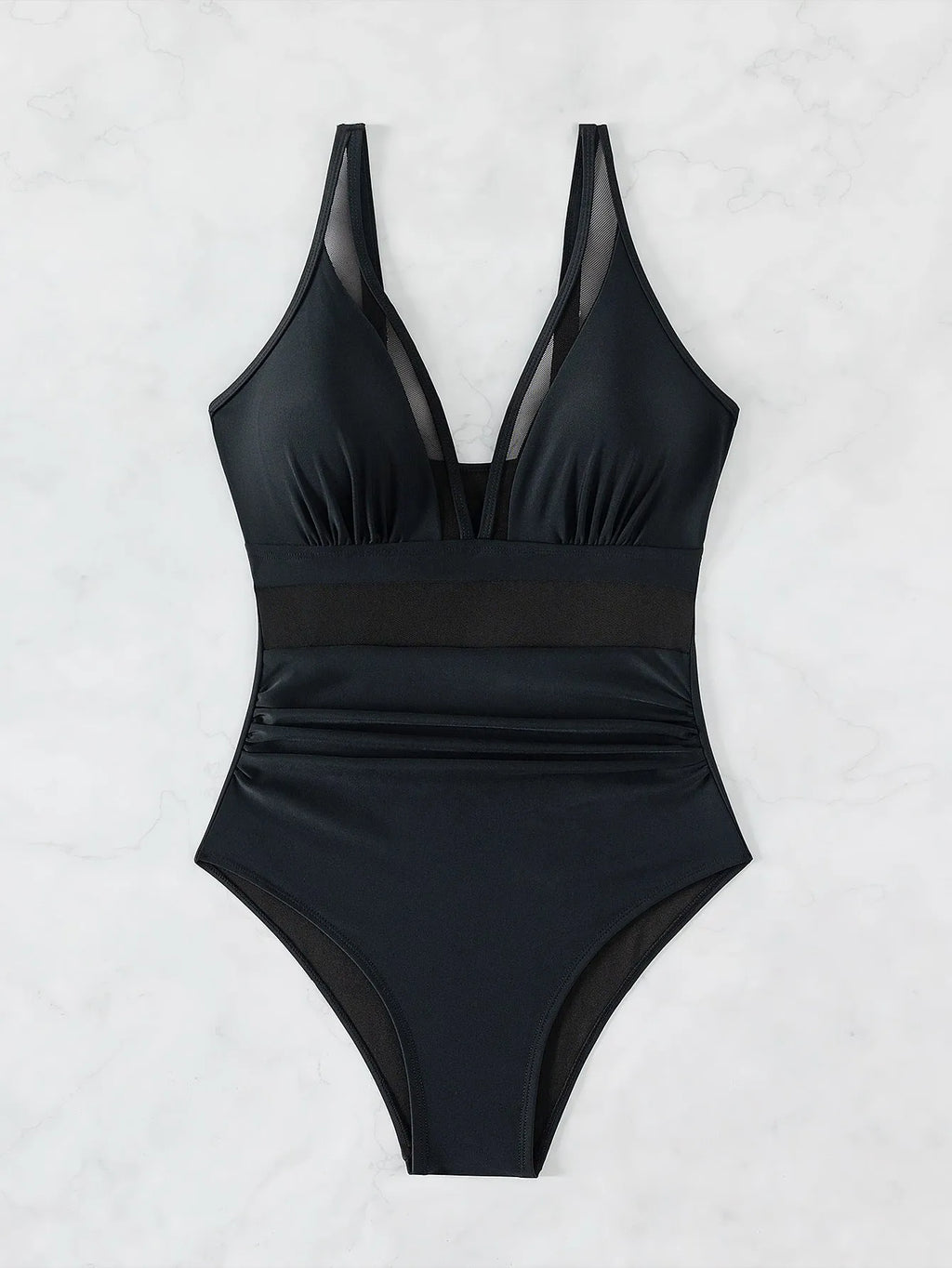 Black women's one-piece swimsuit with halter neck and briefs style, made from nylon fabric