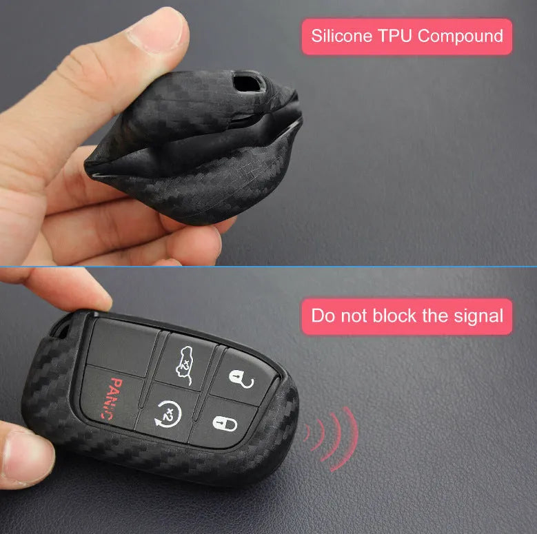 Black silicone protective case covering a Dodge car key fob, shown next to an unbuckled version.