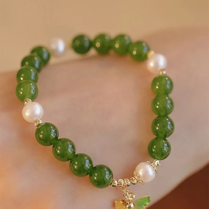 Natural green chalcedony women's bracelet with geometric shape and round design elements