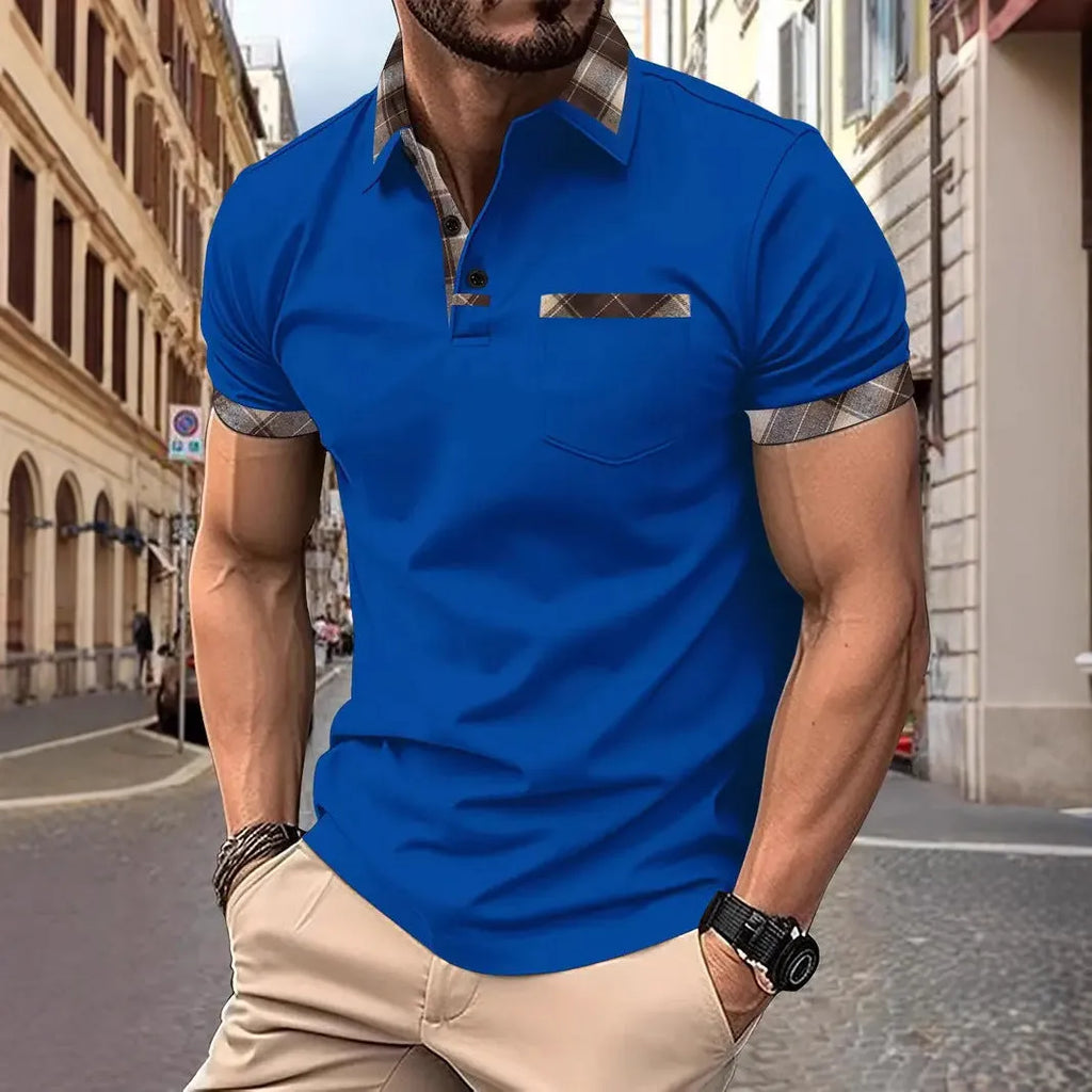Men's loose fit short sleeve plaid colourblock T-shirt with zipper decoration.