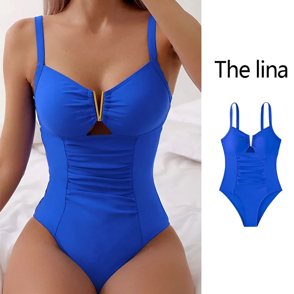 Women's V-neck one-piece swimsuit with pleated front and hollow back design in nylon fabric