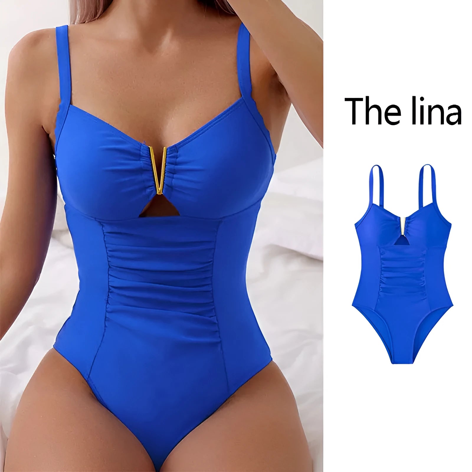 Women's V-neck one-piece swimsuit with pleated front and hollow back design in nylon fabric