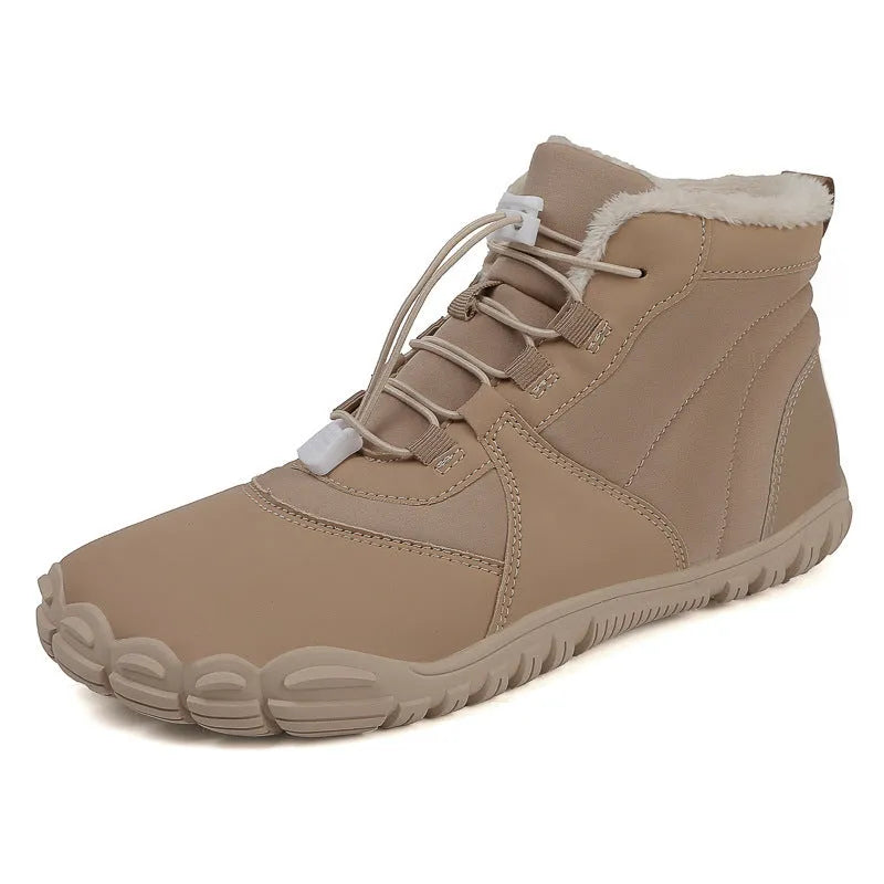 Waterproof unisex snow boots in black, khaki, or pink with round toe and front lace-up.
