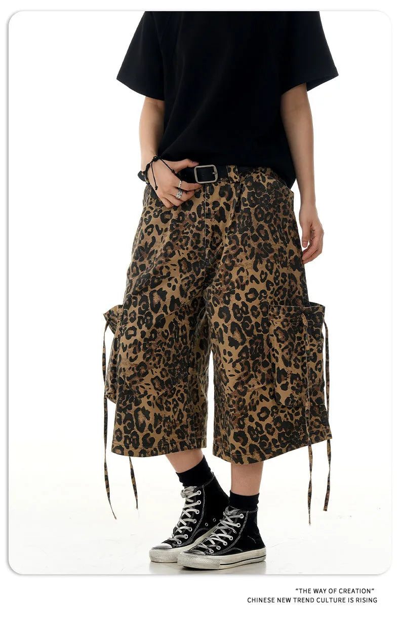 Women's high waist cotton leopard print cropped pants with button front cardigan opening