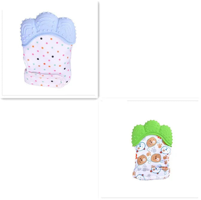 BPA-free silicone baby teether glove fastened with a white Velcro strap on a baby's hand