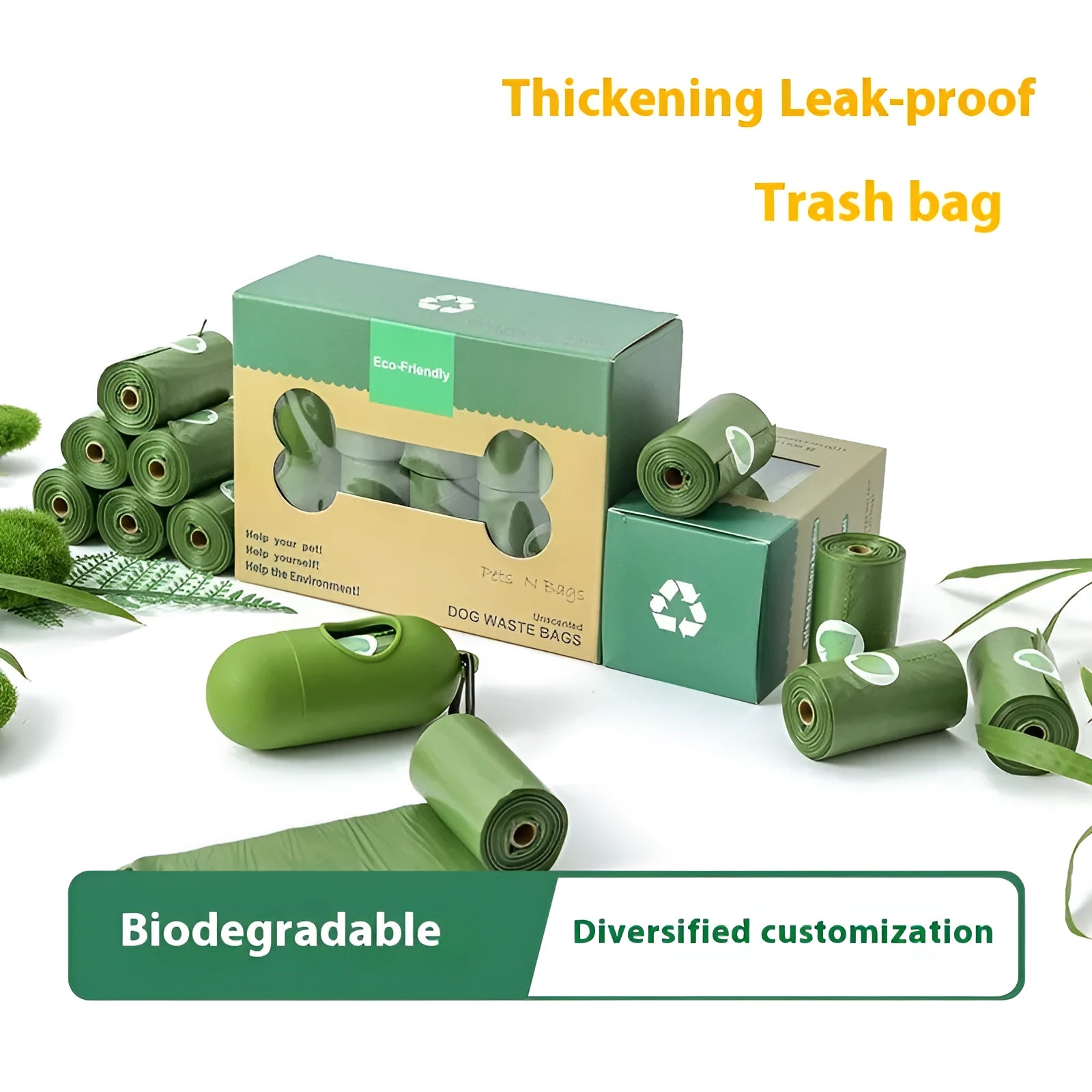 Roll of green EPI degradable pet poop bags next to a transparent dispenser on a dog lead.