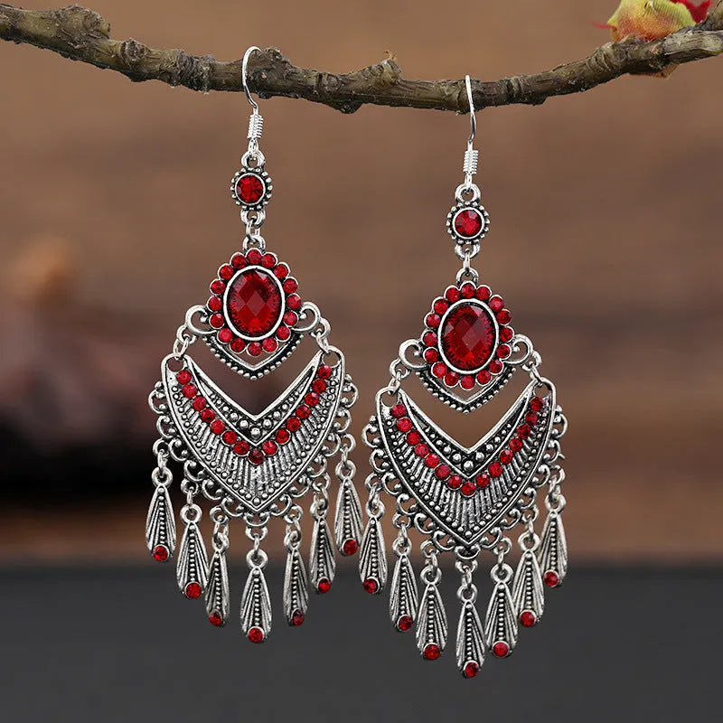 Purple retro drop earrings with long fringe tassels and ethnic design elements