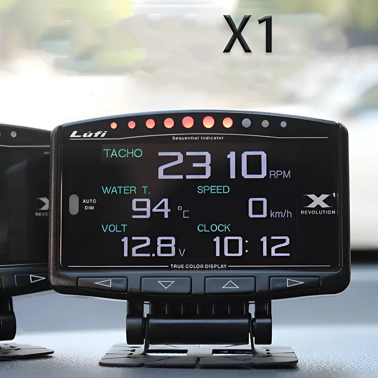 X1 automotive OBD diagnostic instrument with LED display and metal construction showing thickness measurement