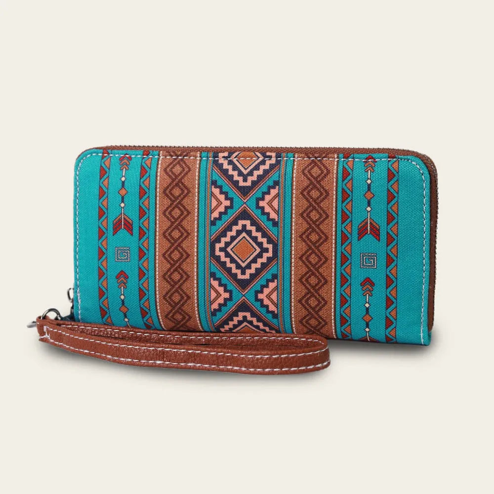 Bohemian striped canvas RFID wallet with wind belt closure in multiple colour options