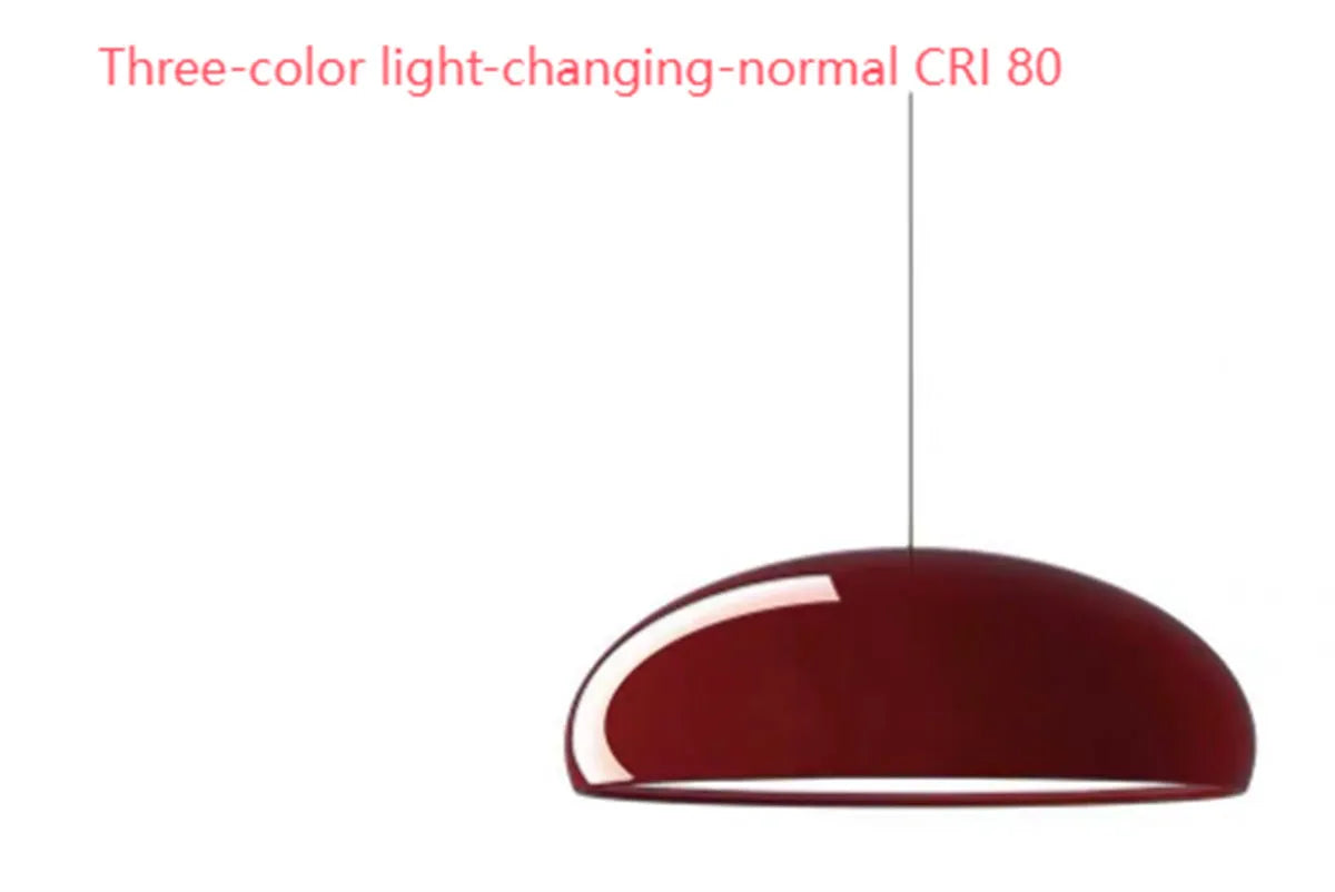 Orange iron Danish-style pendant lamp with adjustable cable above a restaurant table.