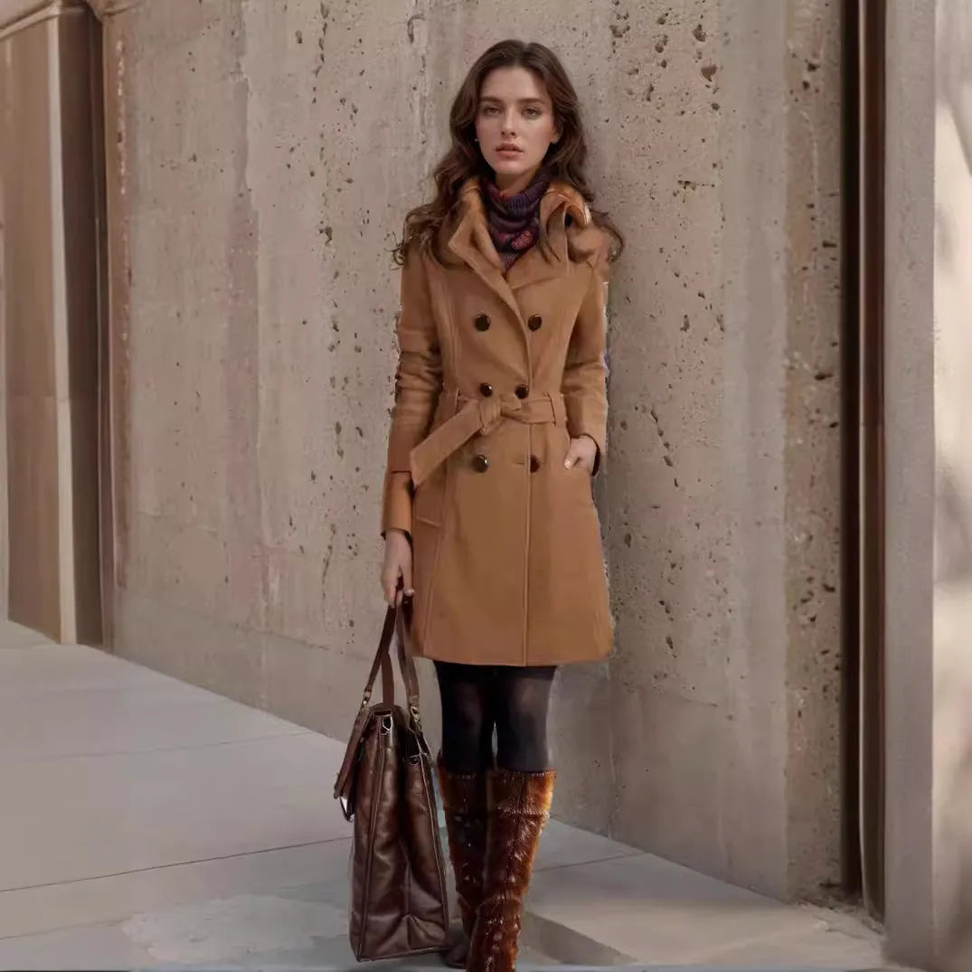 Women's Korean-style slim-fit long double-faced woolen coat in black with shoulder strap detail