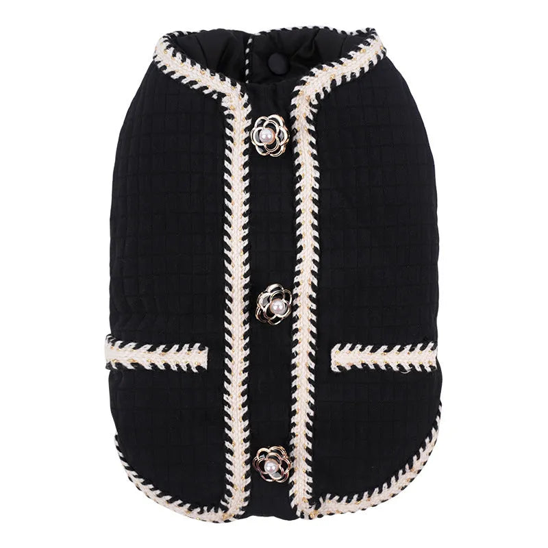 Cartoon-style quilted dog coat in light purple colour on mannequin