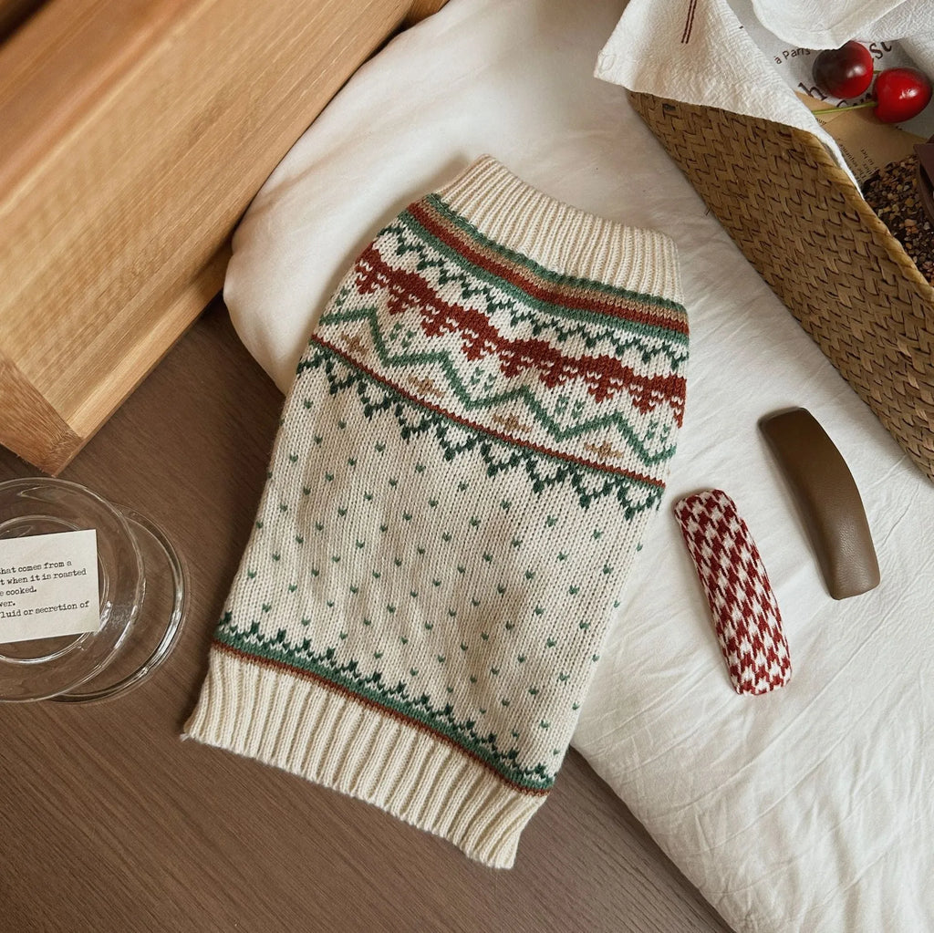 Fairisland beige dog sweater with green dots for autumn and winter wear on small to large dogs