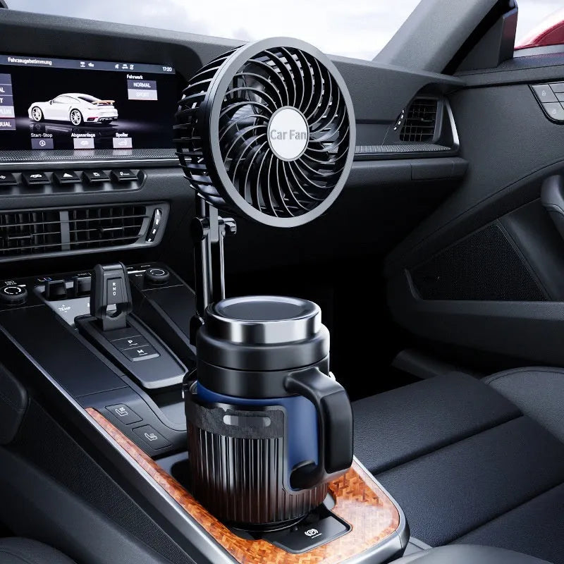 ABS plastic car fan sitting in a vehicle cup holder
