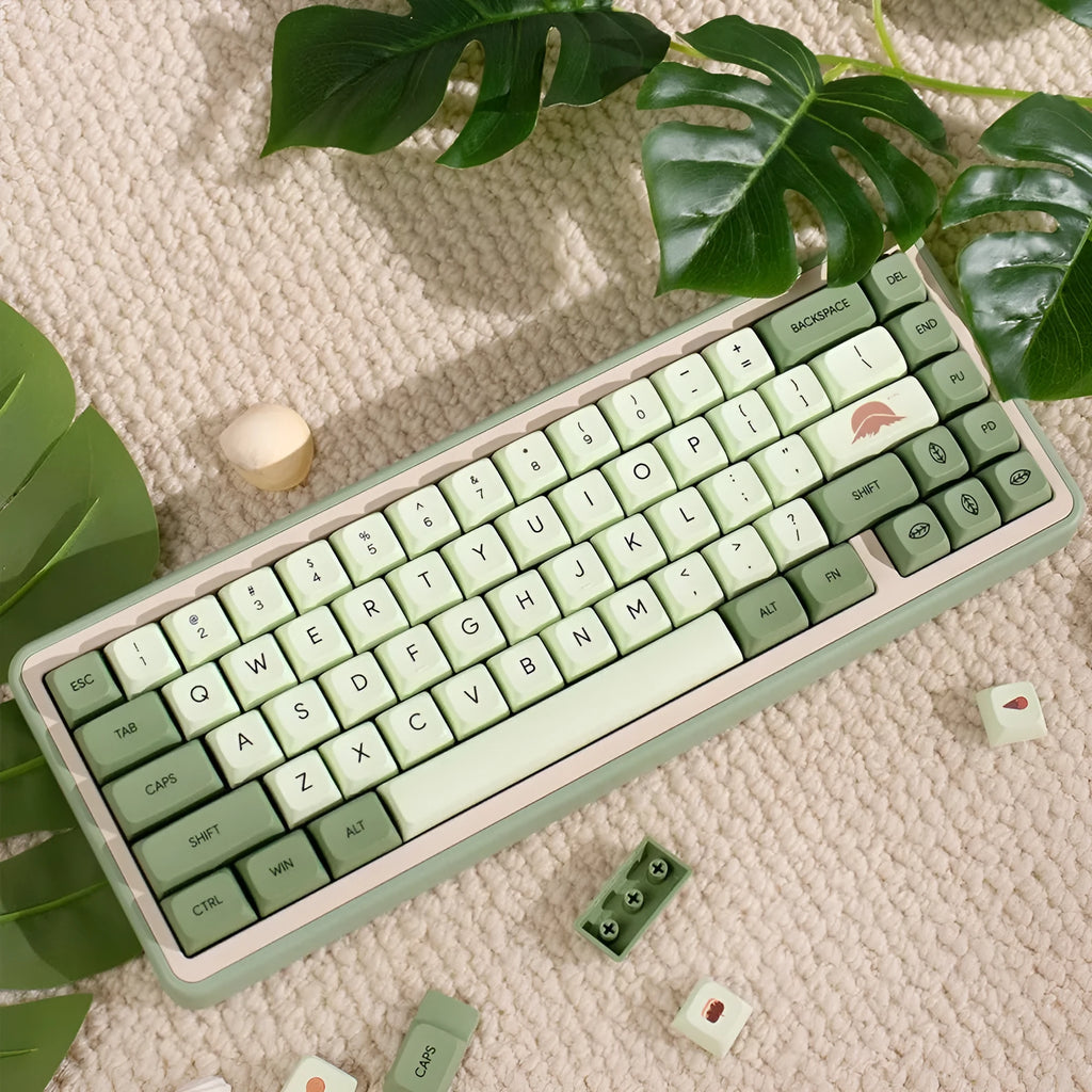 124-key matcha green PBT keycap set showing multiple international language layouts including Arabic and Korean.