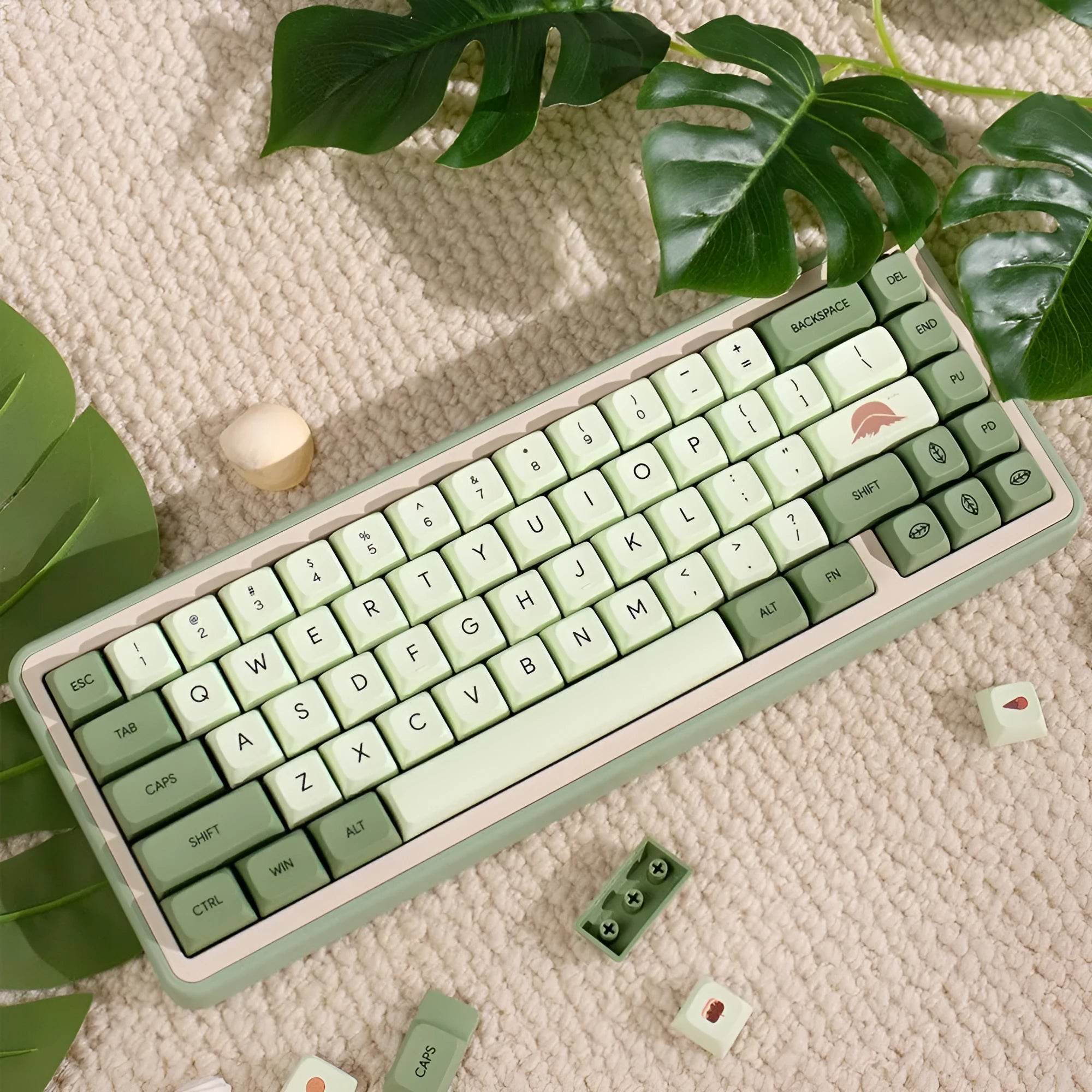 124-key matcha green PBT keycap set showing multiple international language layouts including Arabic and Korean.