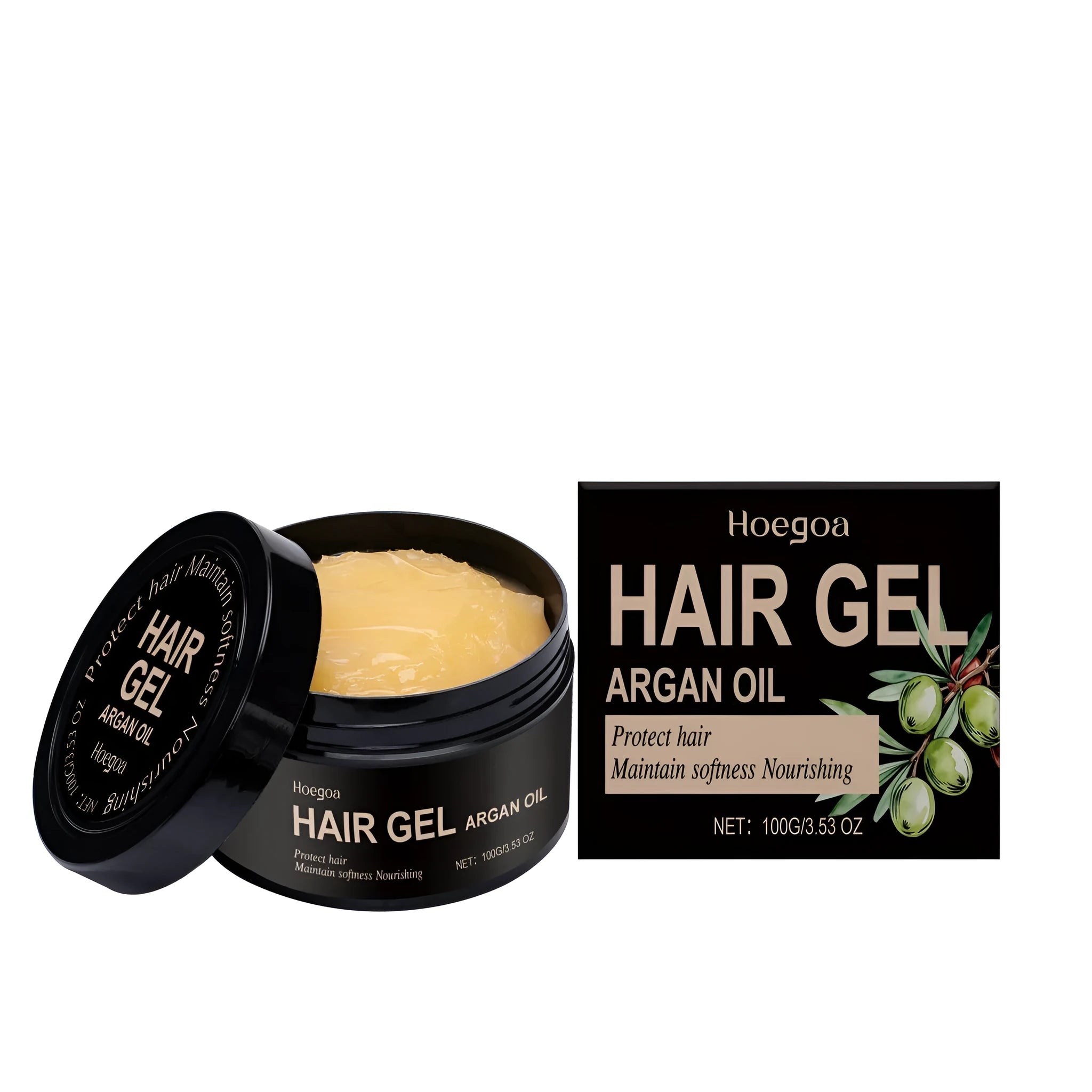 100ml bottle of clear Moroccan nut oil hair setting gel with vitamin E and hyaluronic acid