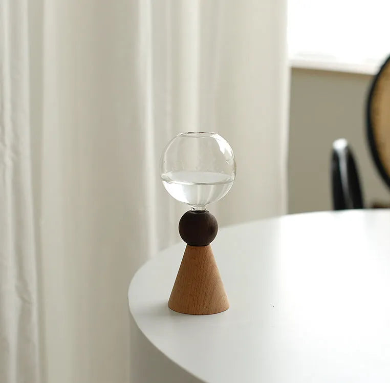 Nordic geometric bubble glass vase with wooden base showing conical and arc bottom designs