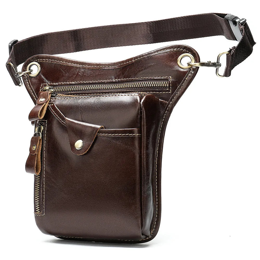 Men's vintage brown crazy horse leather satchel bag with flap closure and carry handles.