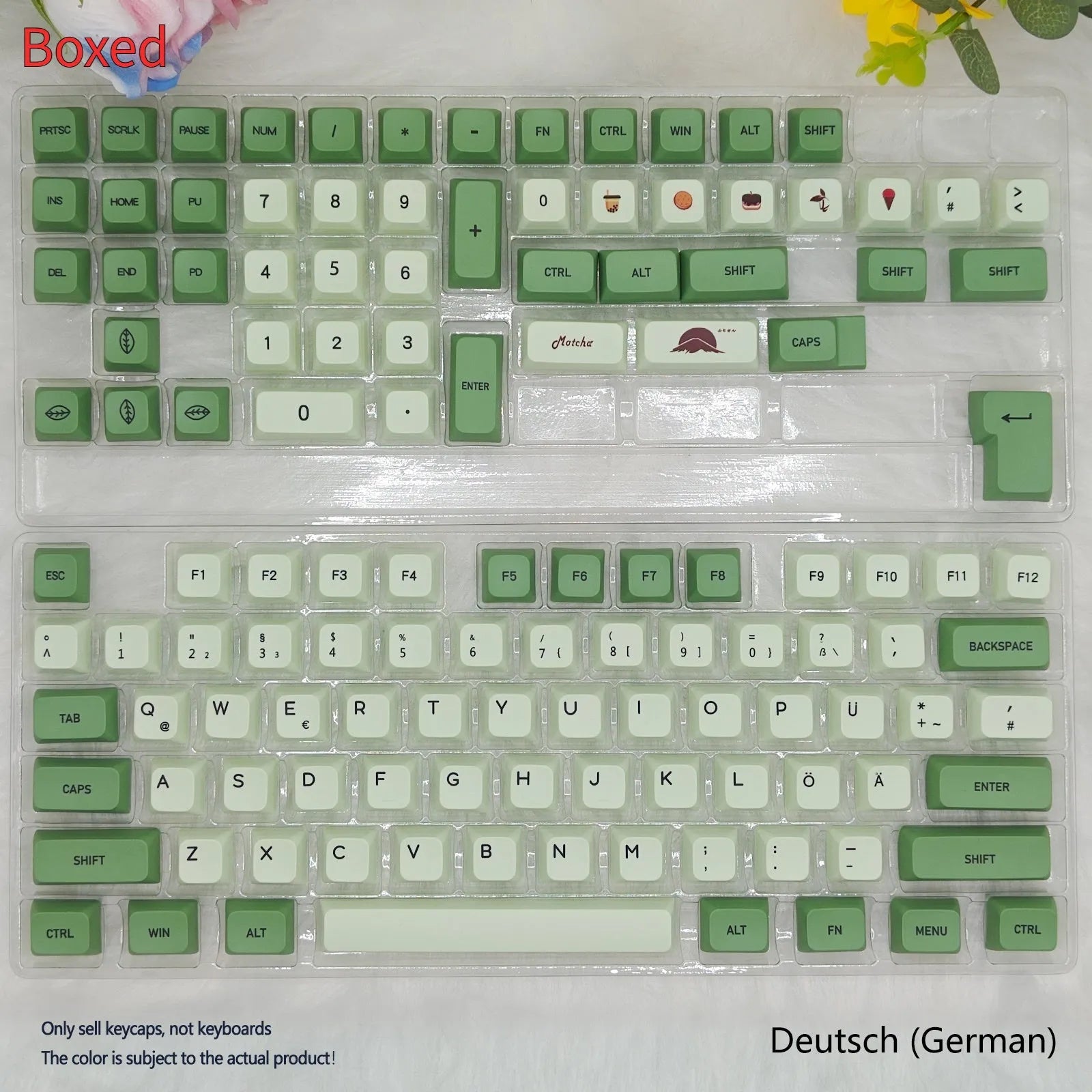 124-key matcha green PBT keycap set showing multiple international language layouts including Arabic and Korean.