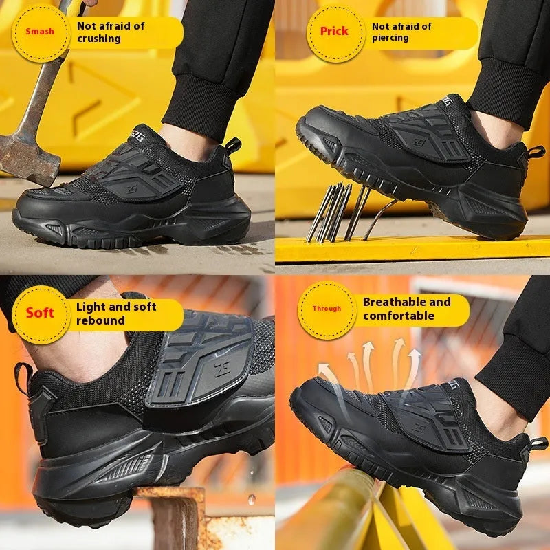 Black safety shoes with steel toe cap, felt buckle closure and anti-puncture sole for workplace protection
