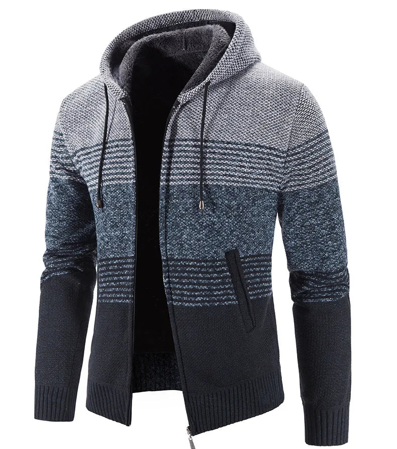 Hooded fleece thick cardigan sweater in dark gray – casual polyester outerwear