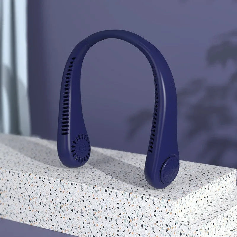 Pink portable USB rechargeable bladeless neck fan with an adjustable neckband.