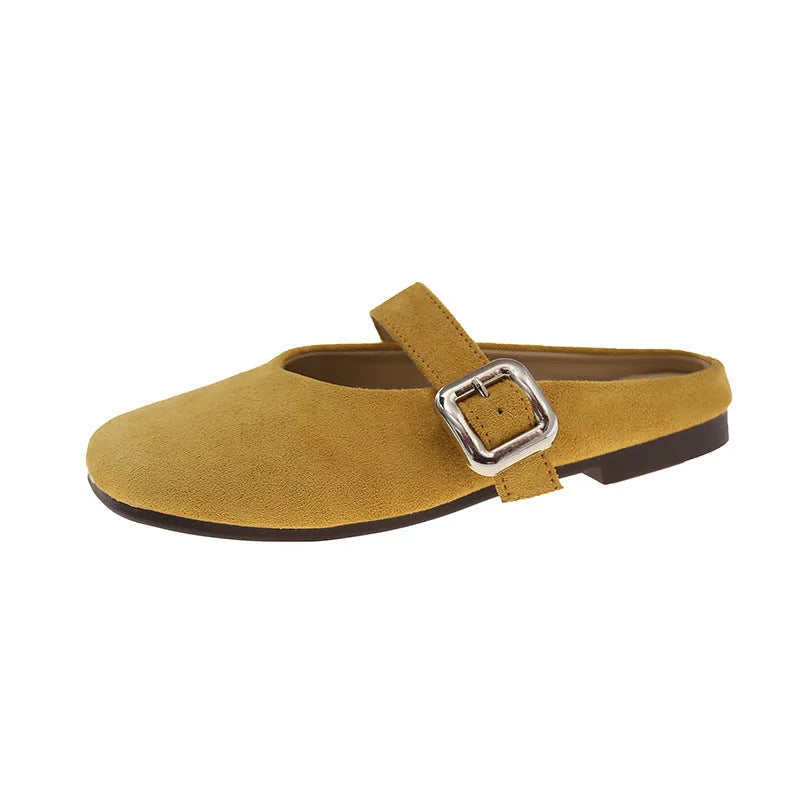 Women's flat closed toe square head slippers in four colour options with rubber sole