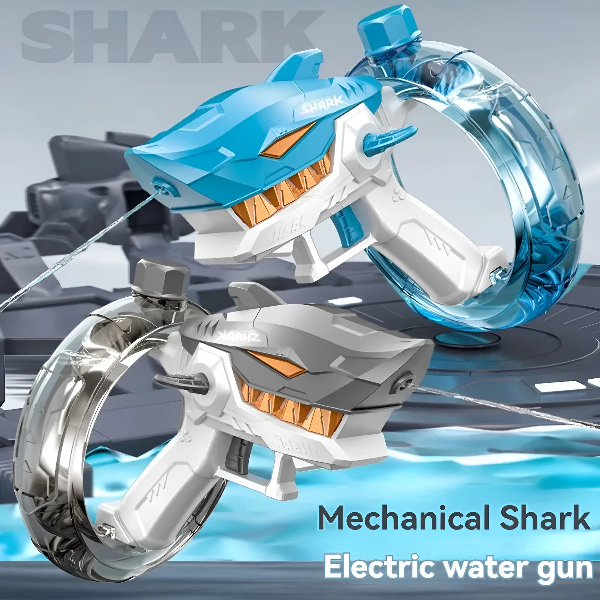 Blue electric shark water gun toy with automatic continuous fire system for outdoor summer water play