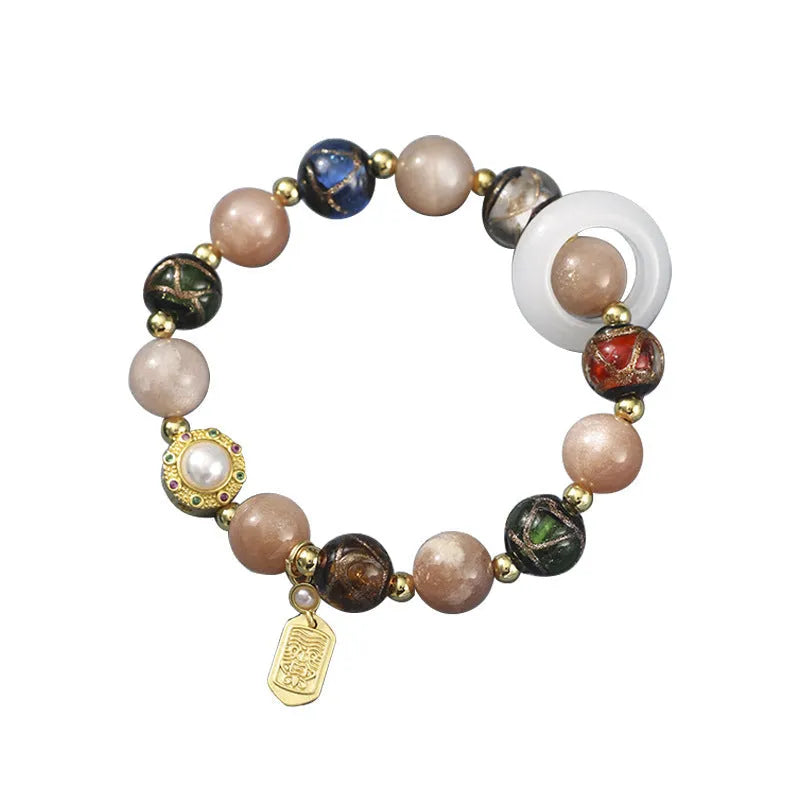 Hand-woven women's bracelet with coloured glaze sunstone beads and fragrant grey finish