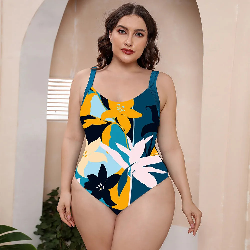 Women's floral print conservative one-piece swimsuit with spaghetti straps for hot springs and swimming.