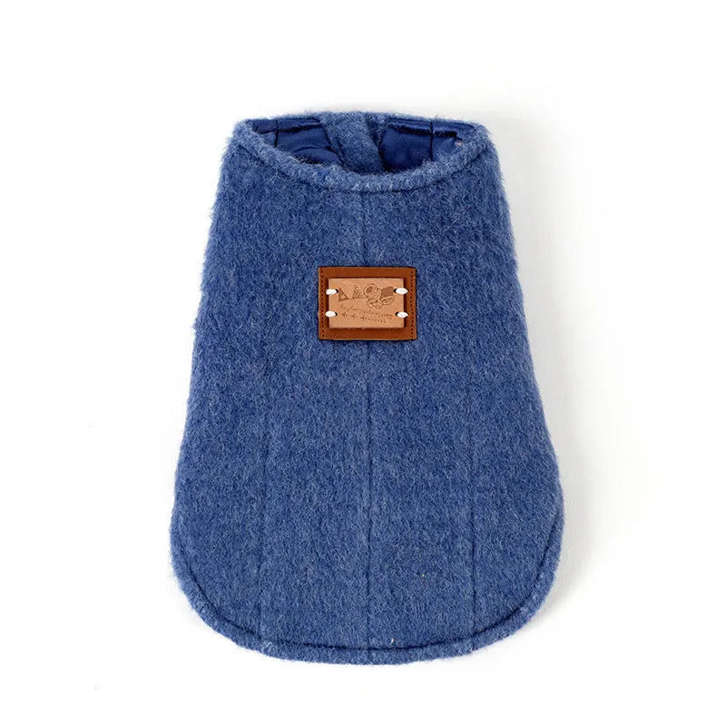 Small dog wearing a blue Korean-style cotton cashmere vest for autumn and winter.