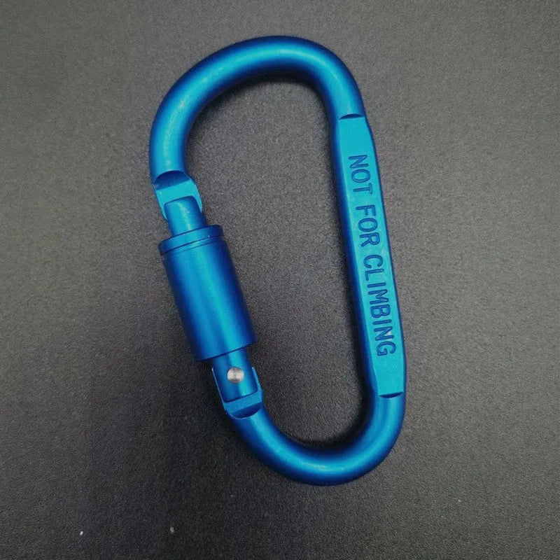 D-type aluminium locking carabiner in a selection of ten colours on a grey background.
