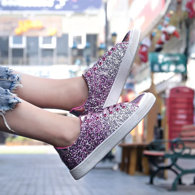 Women's colourful sequin low-top casual shoes in black, gold, or pink with lace-up front