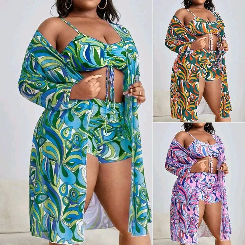 Women's floral print swimsuit three-piece set showing bra, shorts, and matching cardigan