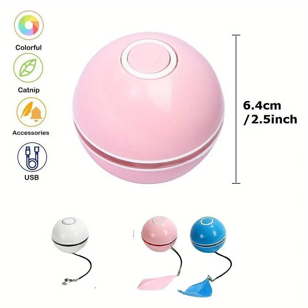 USB rechargeable electric cat toy with LED light-up ball and rotating feather attachment