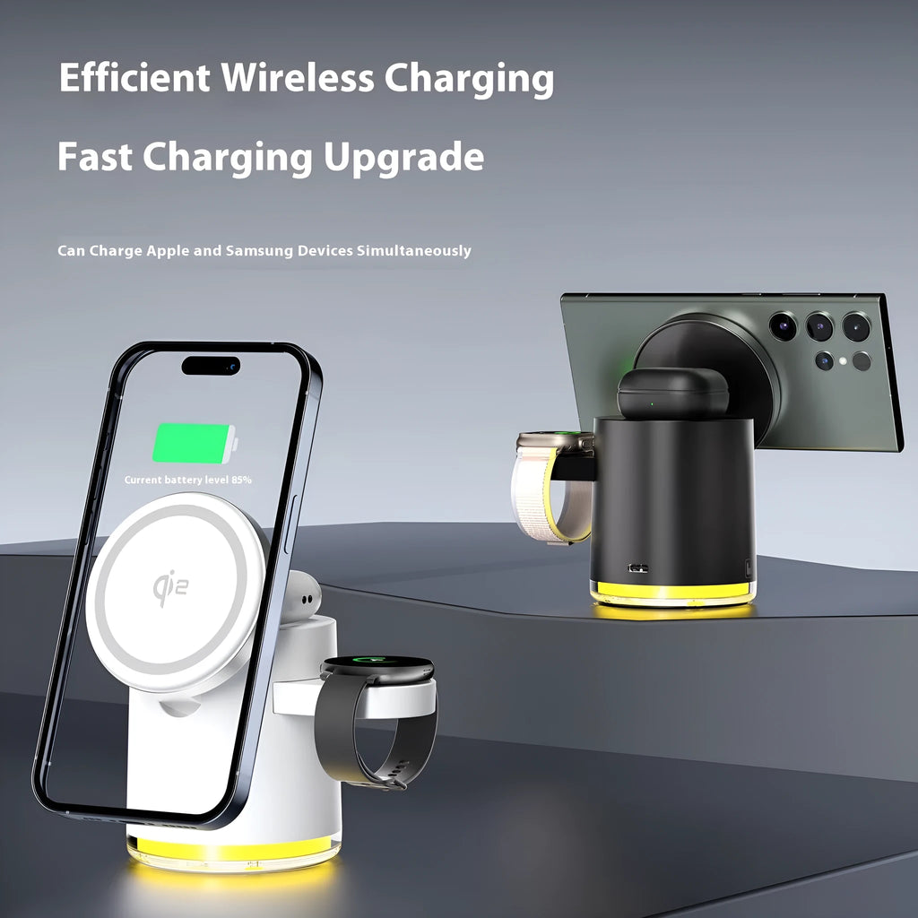 C16 folding magnetic wireless charger for phone, watch and earphones in black and white colours.