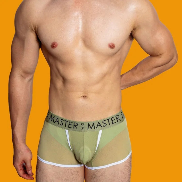 Men's solid colour ice silk shorts in a low waist style, shown in available colours.