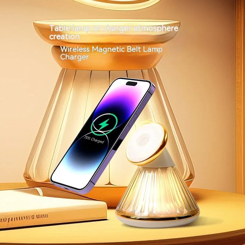 Wireless charging bedside lamp with magnetic charging seat in champagne gold or gun metal colours